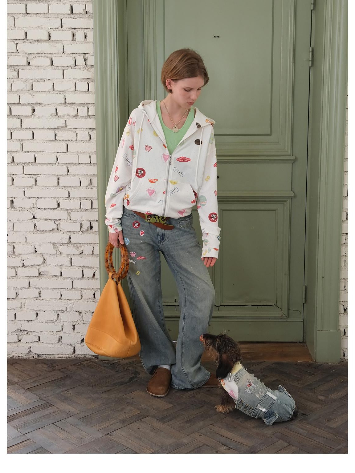 sancco house Colorful Badge Print Hooded Zip Loose Women&