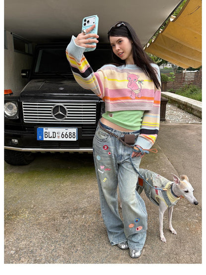 sancco house Colorful Striped Hand Stitched Cropped Women&