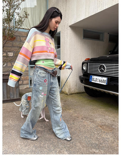sancco house Colorful Striped Hand Stitched Cropped Women&