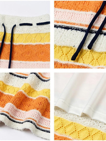 sancco house Colorful Striped Openwork Colorblock Knitted Women&