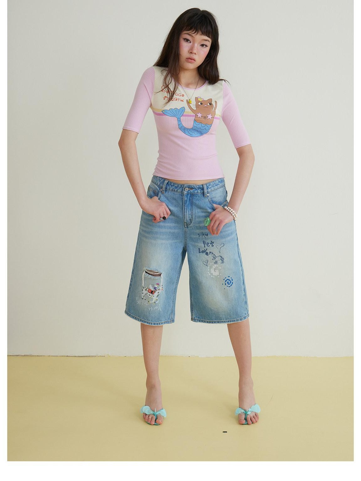 sancco house Contrast Print Rolled Hem Slim Knit Women&