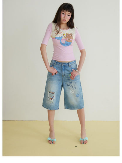 sancco house Contrast Print Rolled Hem Slim Knit Women&