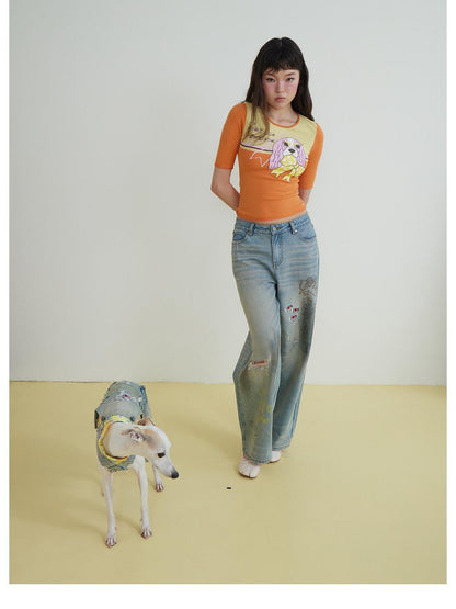 sancco house Contrast Print Rolled Hem Slim Knit Women&