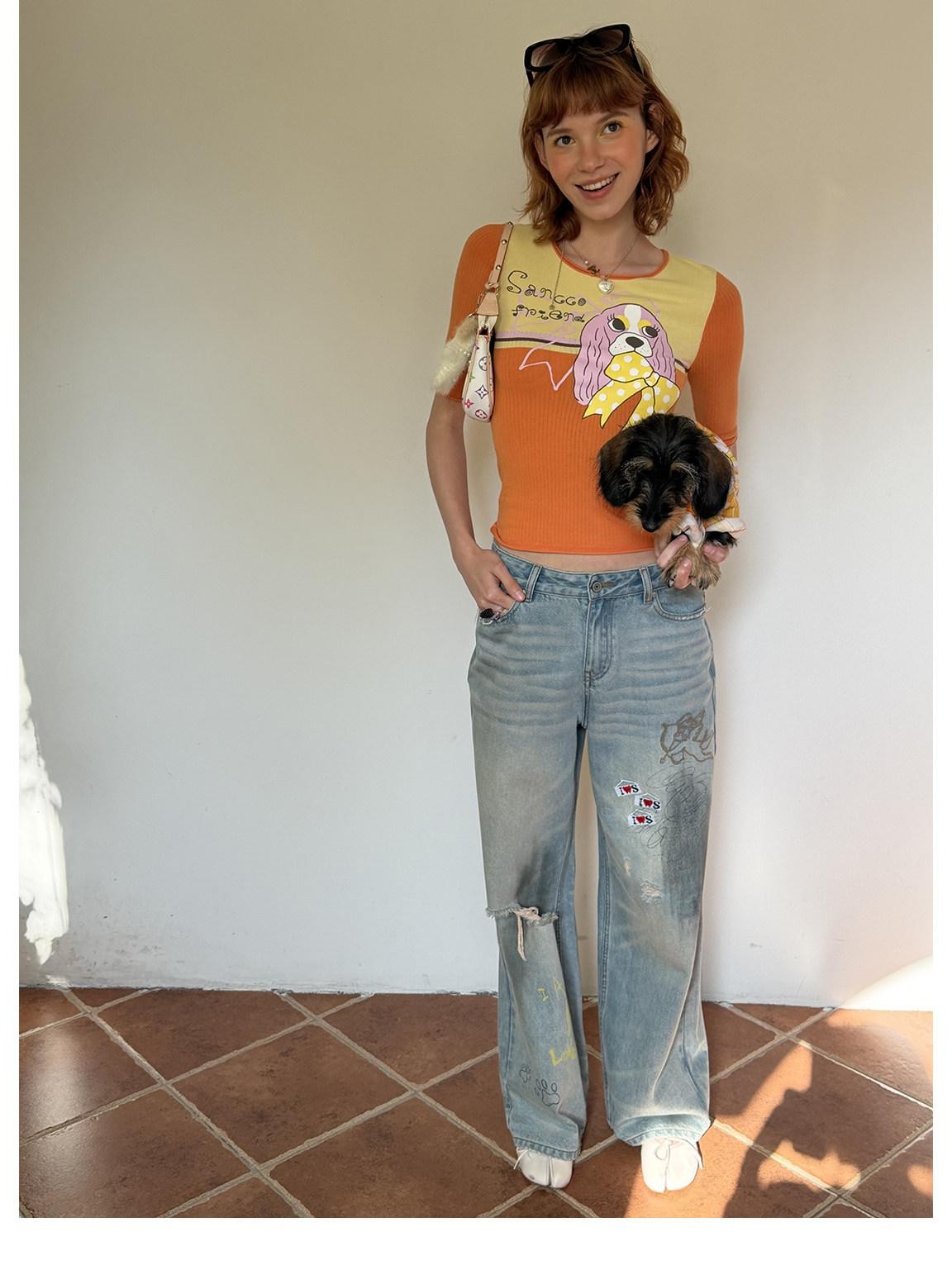sancco house Contrast Print Rolled Hem Slim Knit Women&