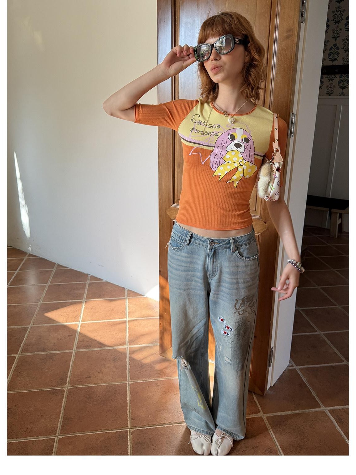 sancco house Contrast Print Rolled Hem Slim Knit Women&