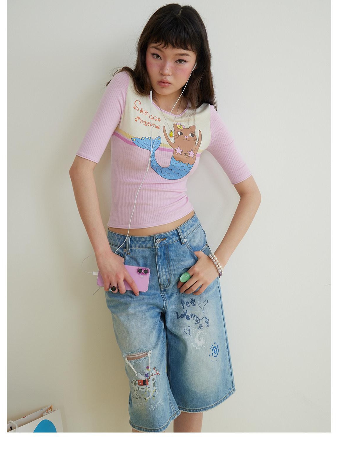 sancco house Contrast Print Rolled Hem Slim Knit Women&
