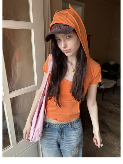 sancco house Cute Devil Horn Hood Lettuce Trim Women&