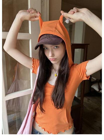 sancco house Cute Devil Horn Hood Lettuce Trim Women&