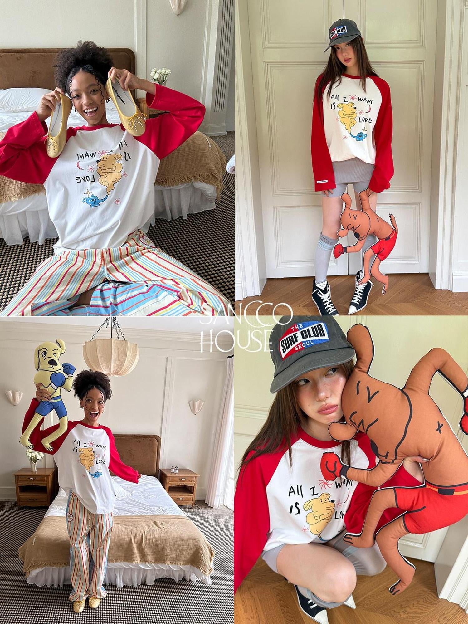 sancco house Cute Dog Playful Print Raglan Women&