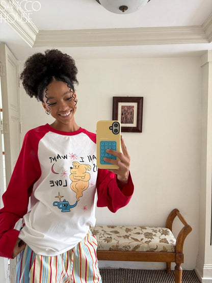 sancco house Cute Dog Playful Print Raglan Women&
