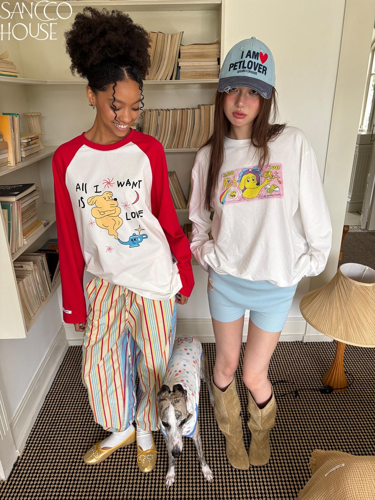 sancco house Cute Dog Playful Print Raglan Women&