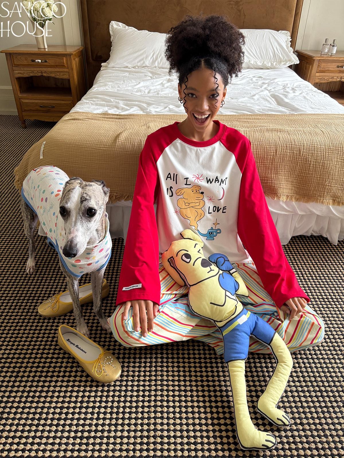 sancco house Cute Dog Playful Print Raglan Women&
