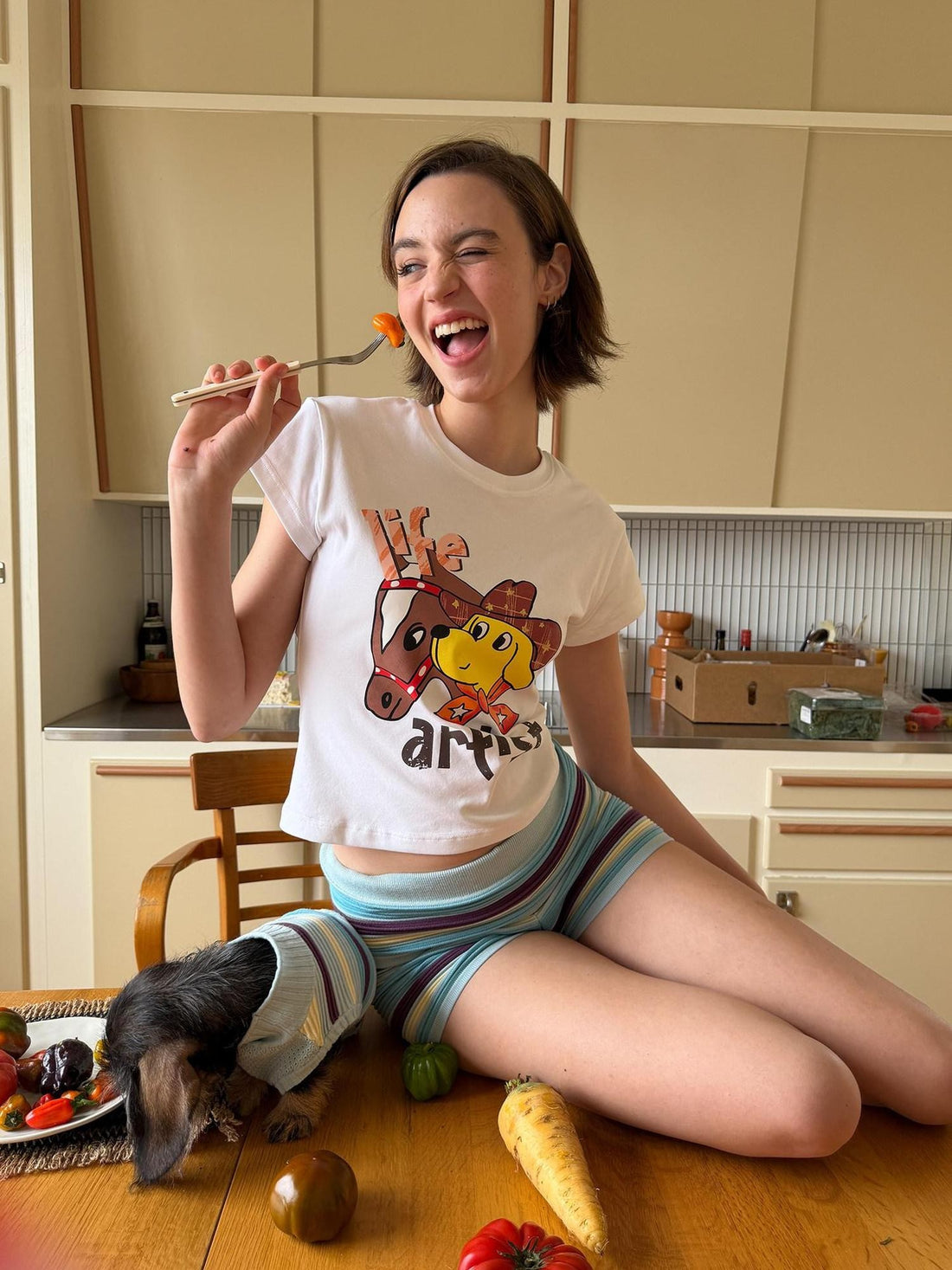 sancco house Denim Puppy Illustration Print Crop Crew Neck Women&