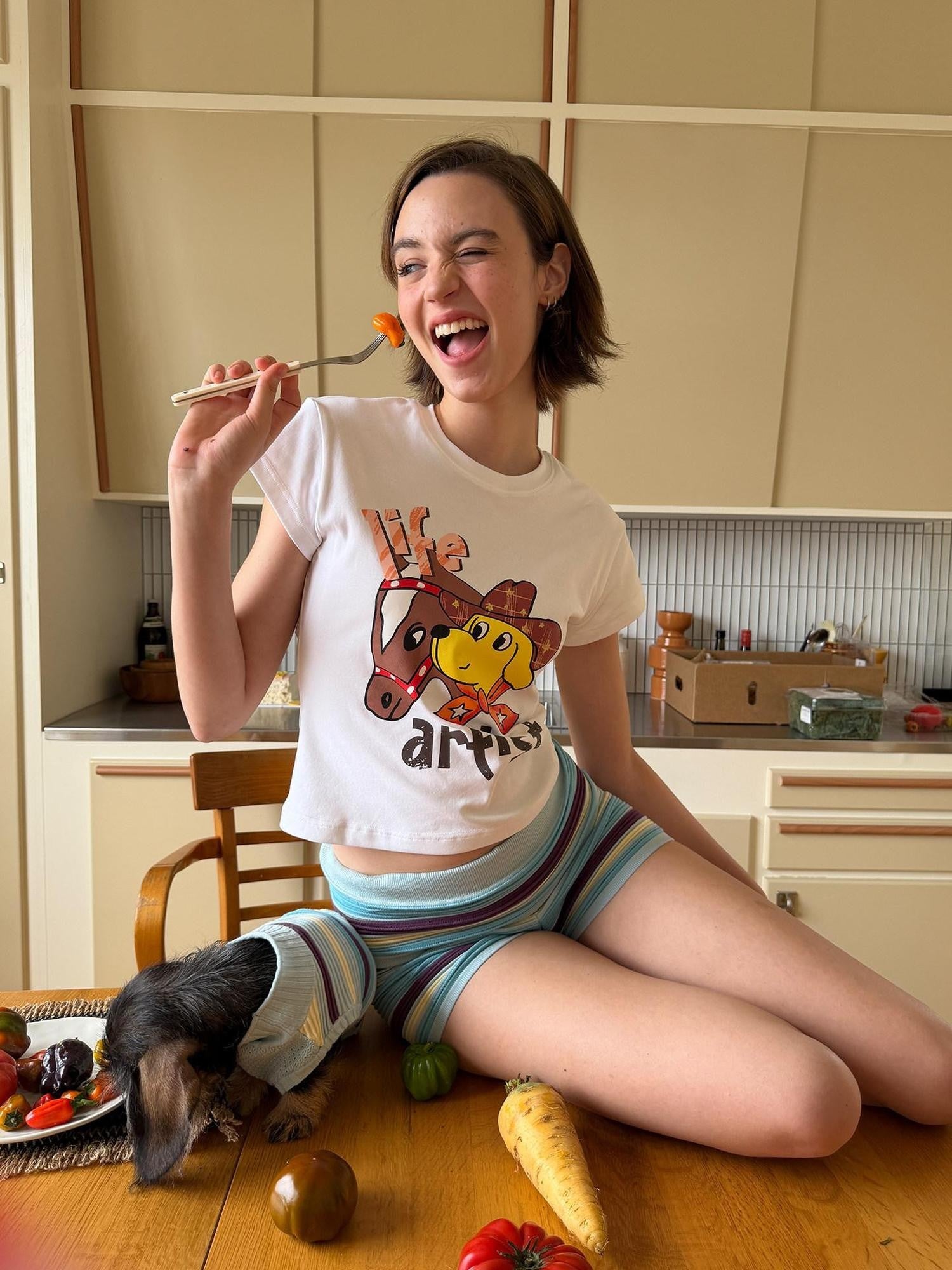 sancco house Denim Puppy Illustration Print Crop Crew Neck Women&