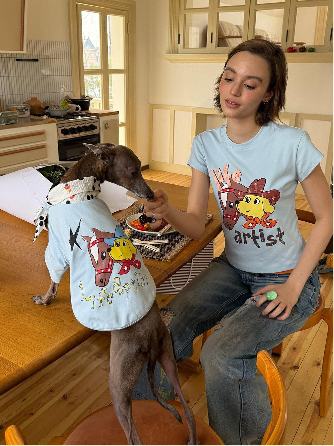 sancco house Denim Puppy Illustration Print Crop Crew Neck Women&