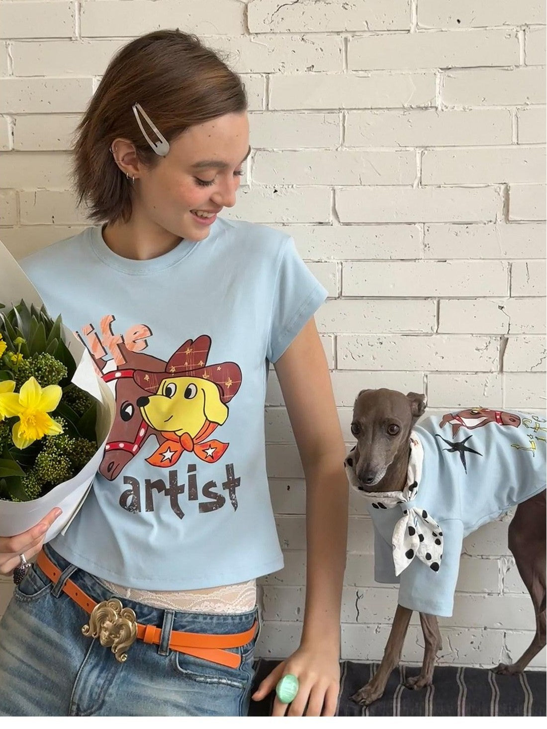 sancco house Denim Puppy Illustration Print Crop Crew Neck Women&