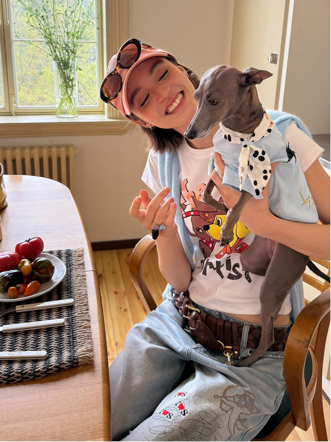 sancco house Denim Puppy Illustration Print Crop Crew Neck Women&