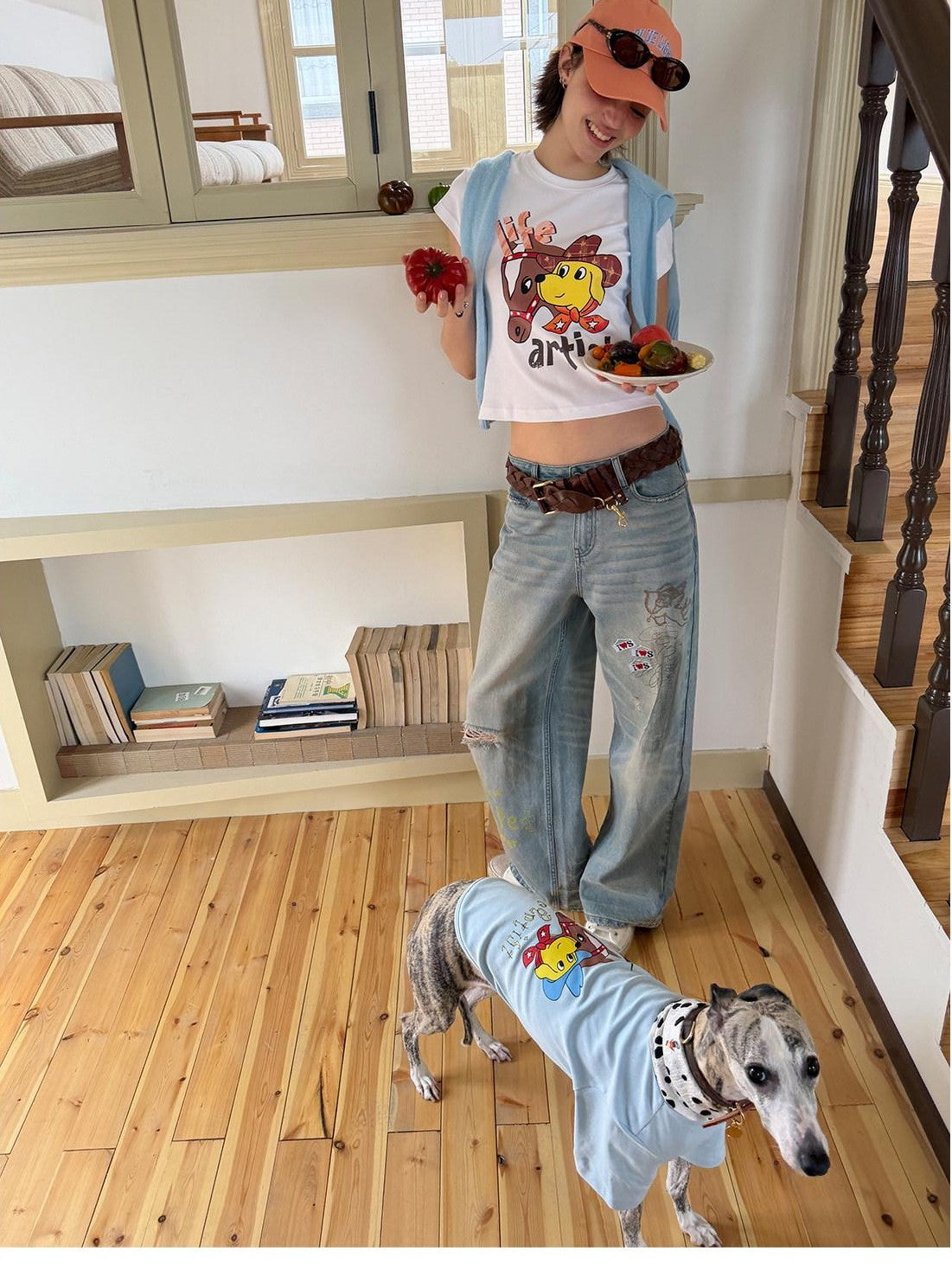 sancco house Denim Puppy Illustration Print Crop Crew Neck Women&