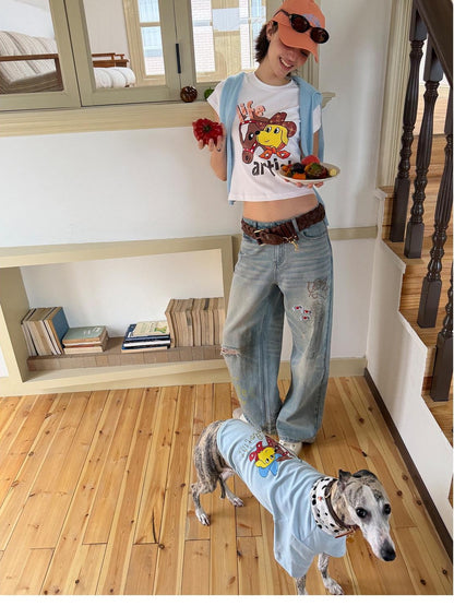 sancco house Denim Puppy Illustration Print Crop Crew Neck Women&