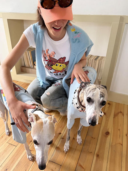 sancco house Denim Puppy Illustration Print Crop Crew Neck Women&