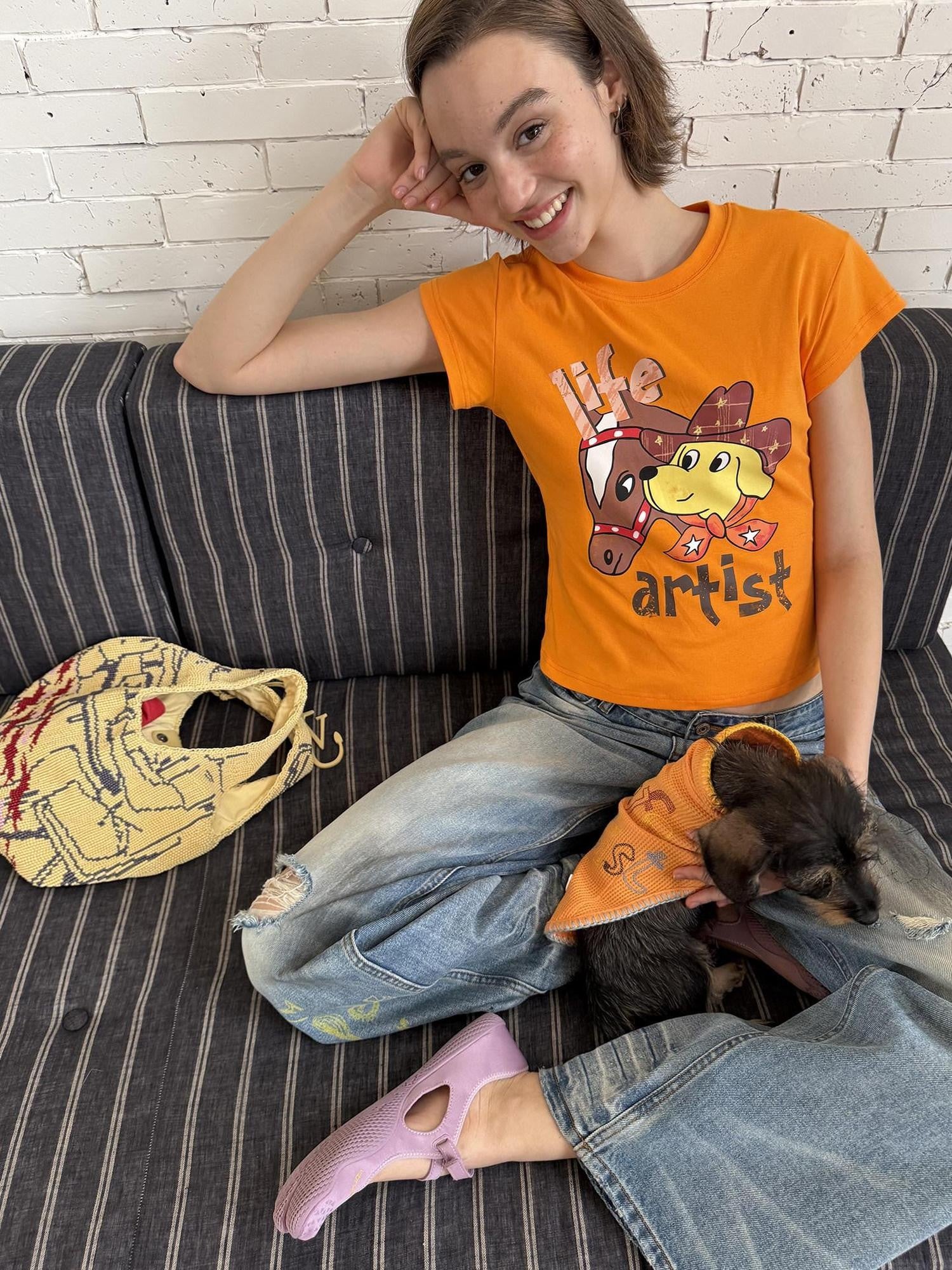sancco house Denim Puppy Illustration Print Crop Crew Neck Women&
