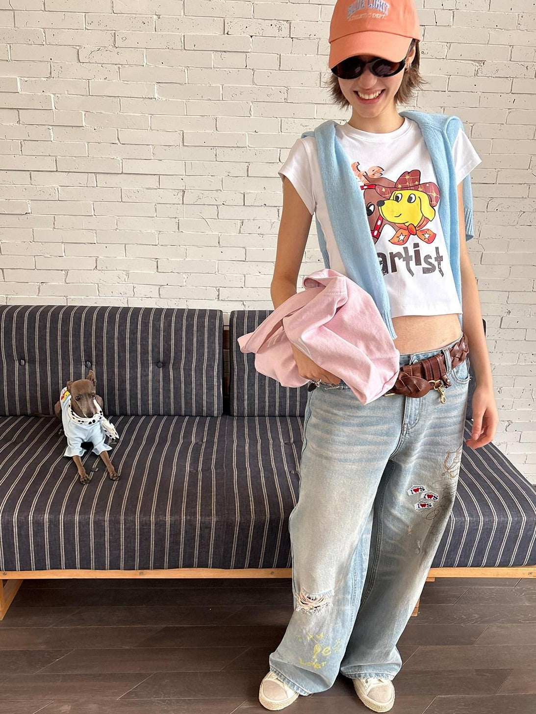 sancco house Denim Puppy Illustration Print Crop Crew Neck Women&