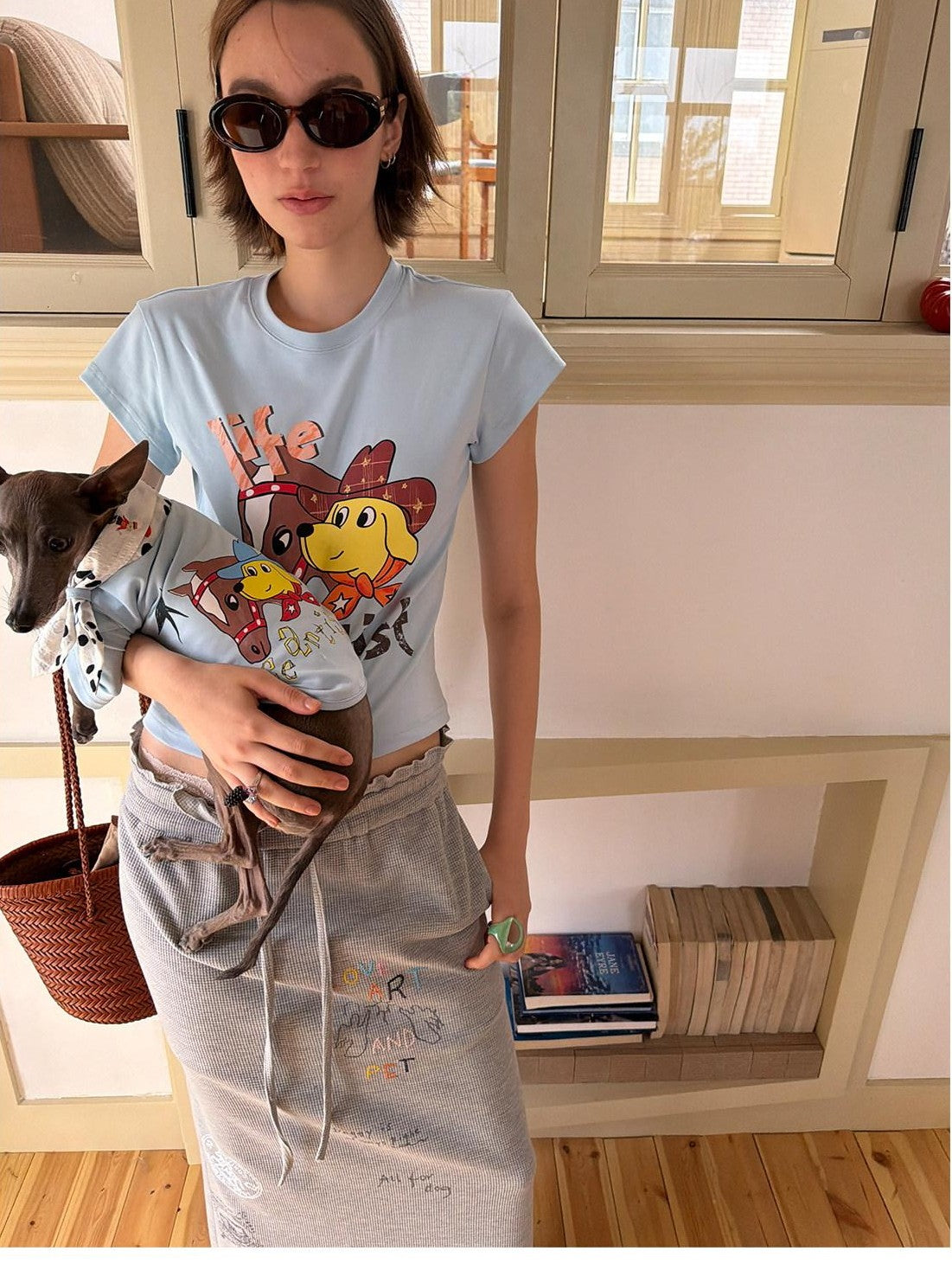 sancco house Denim Puppy Illustration Print Crop Crew Neck Women&