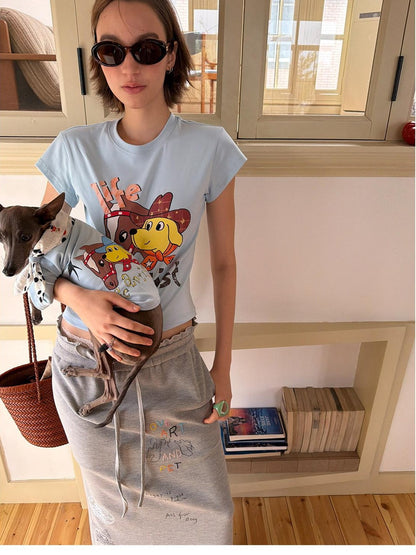 sancco house Denim Puppy Illustration Print Crop Crew Neck Women&