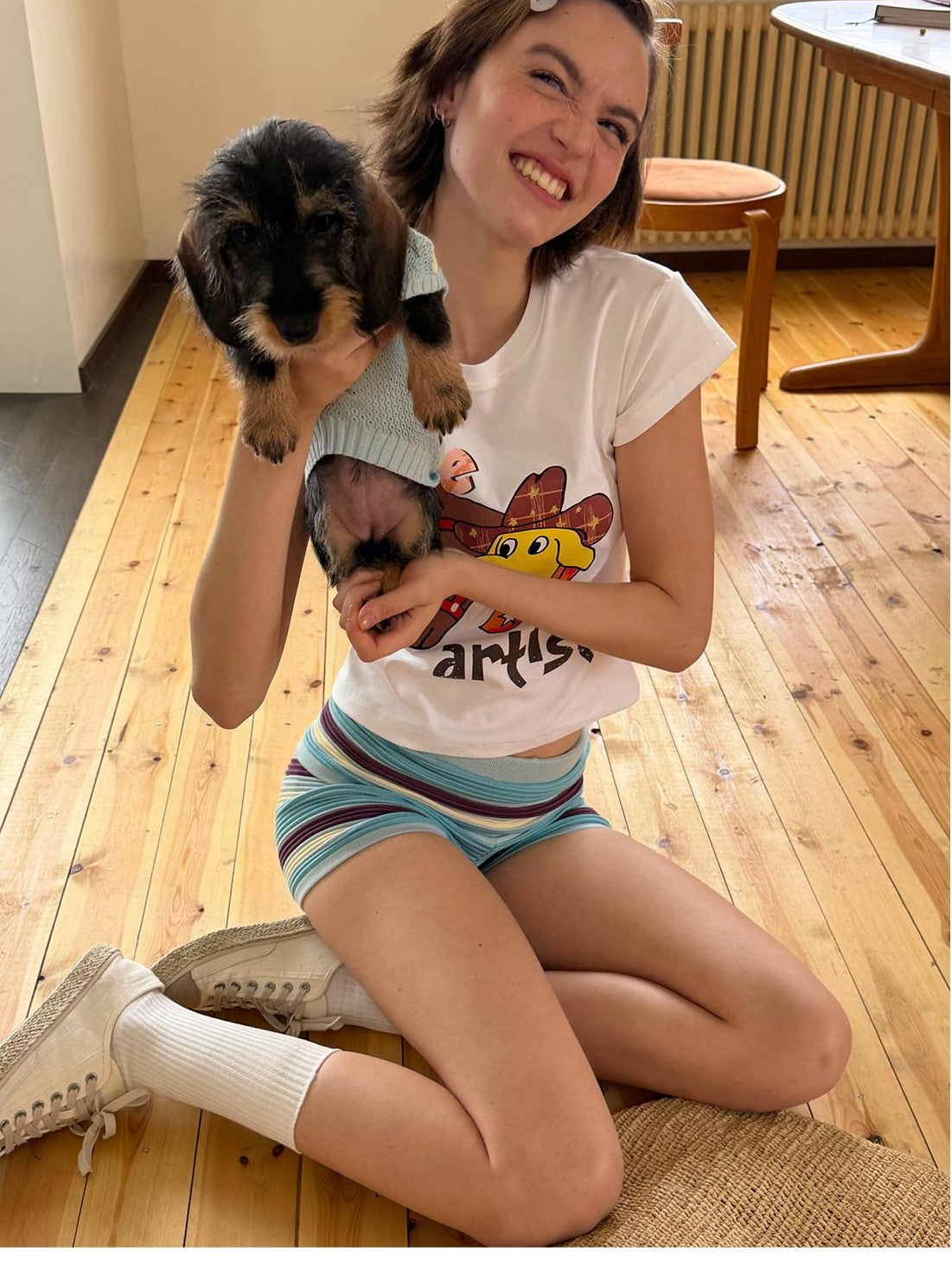 sancco house Denim Puppy Illustration Print Crop Crew Neck Women&