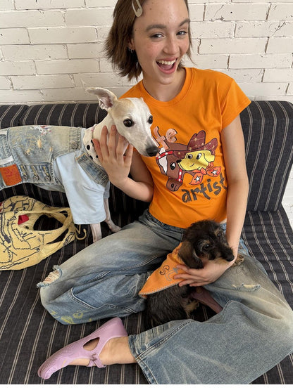 sancco house Denim Puppy Illustration Print Crop Crew Neck Women&