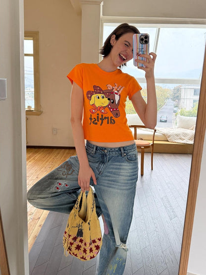 sancco house Denim Puppy Illustration Print Crop Crew Neck Women&