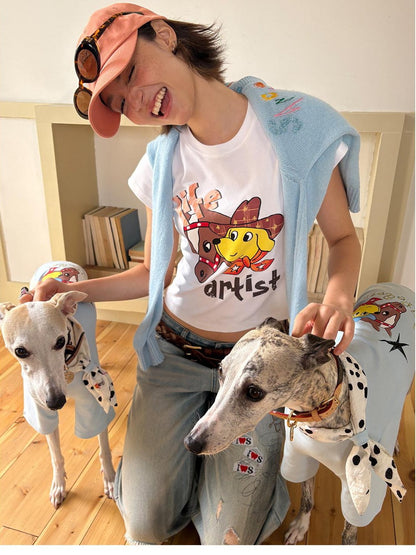 sancco house Denim Puppy Illustration Print Crop Crew Neck Women&