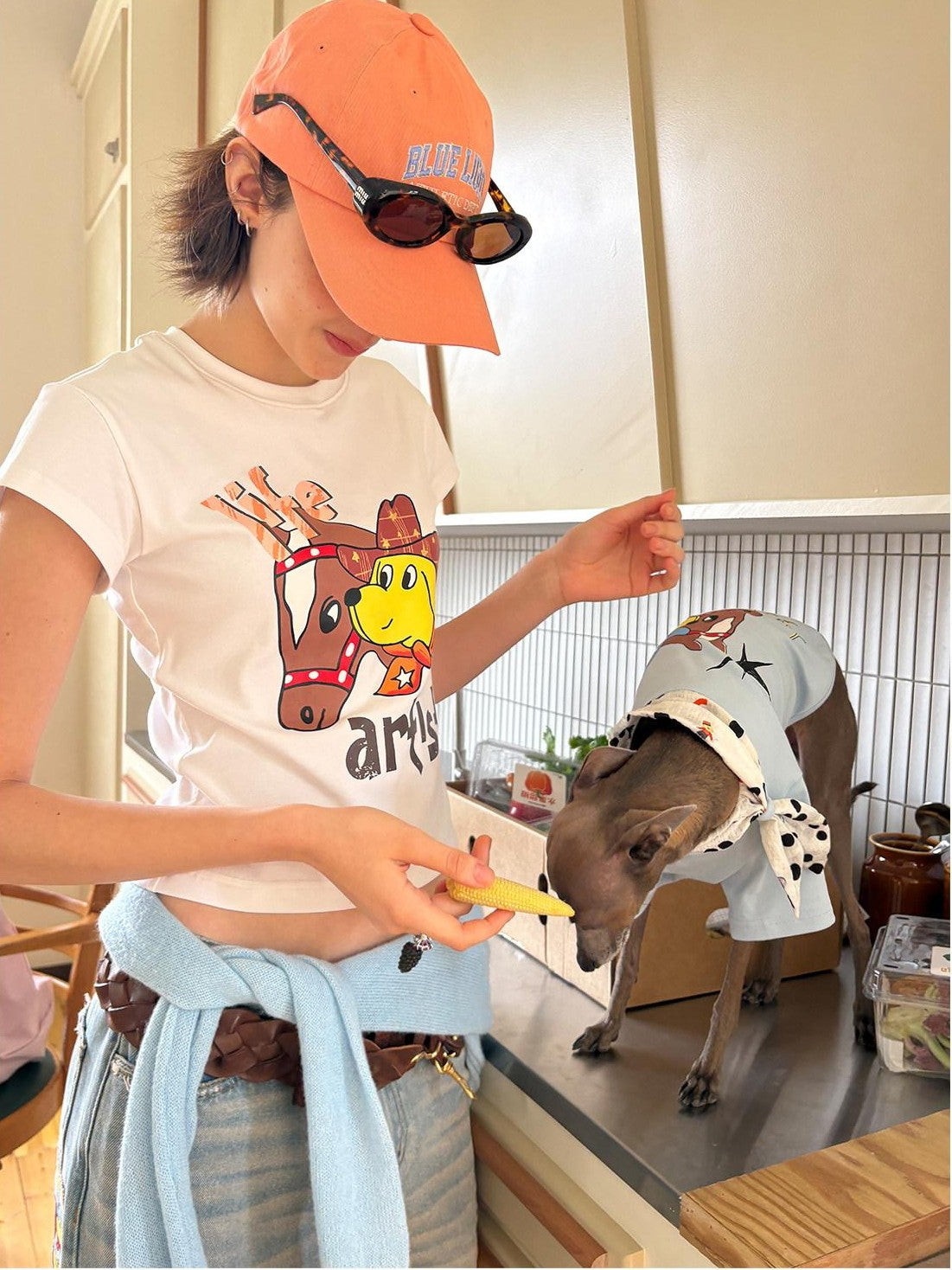 sancco house Denim Puppy Illustration Print Crop Crew Neck Women&