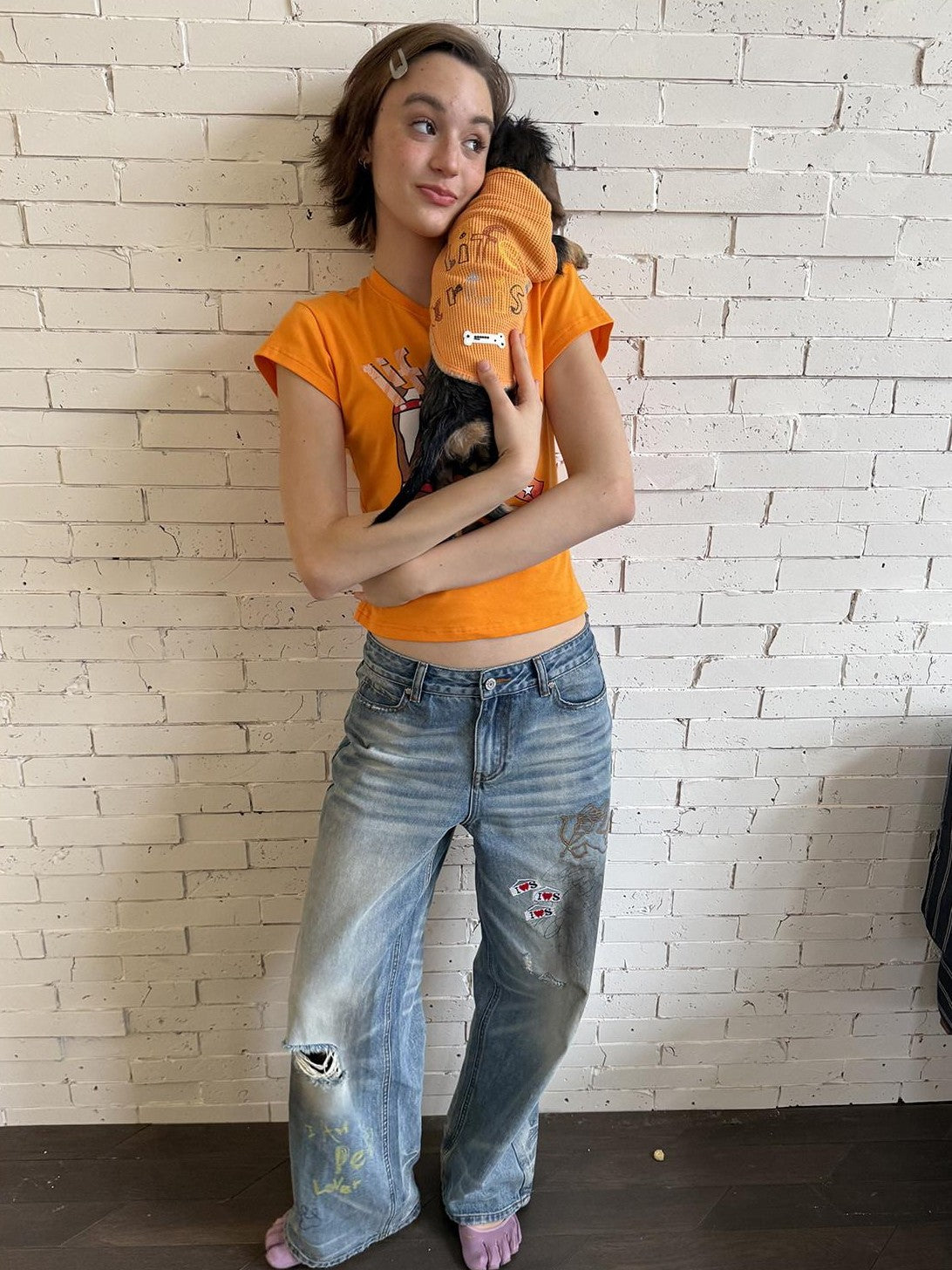 sancco house Denim Puppy Illustration Print Crop Crew Neck Women&