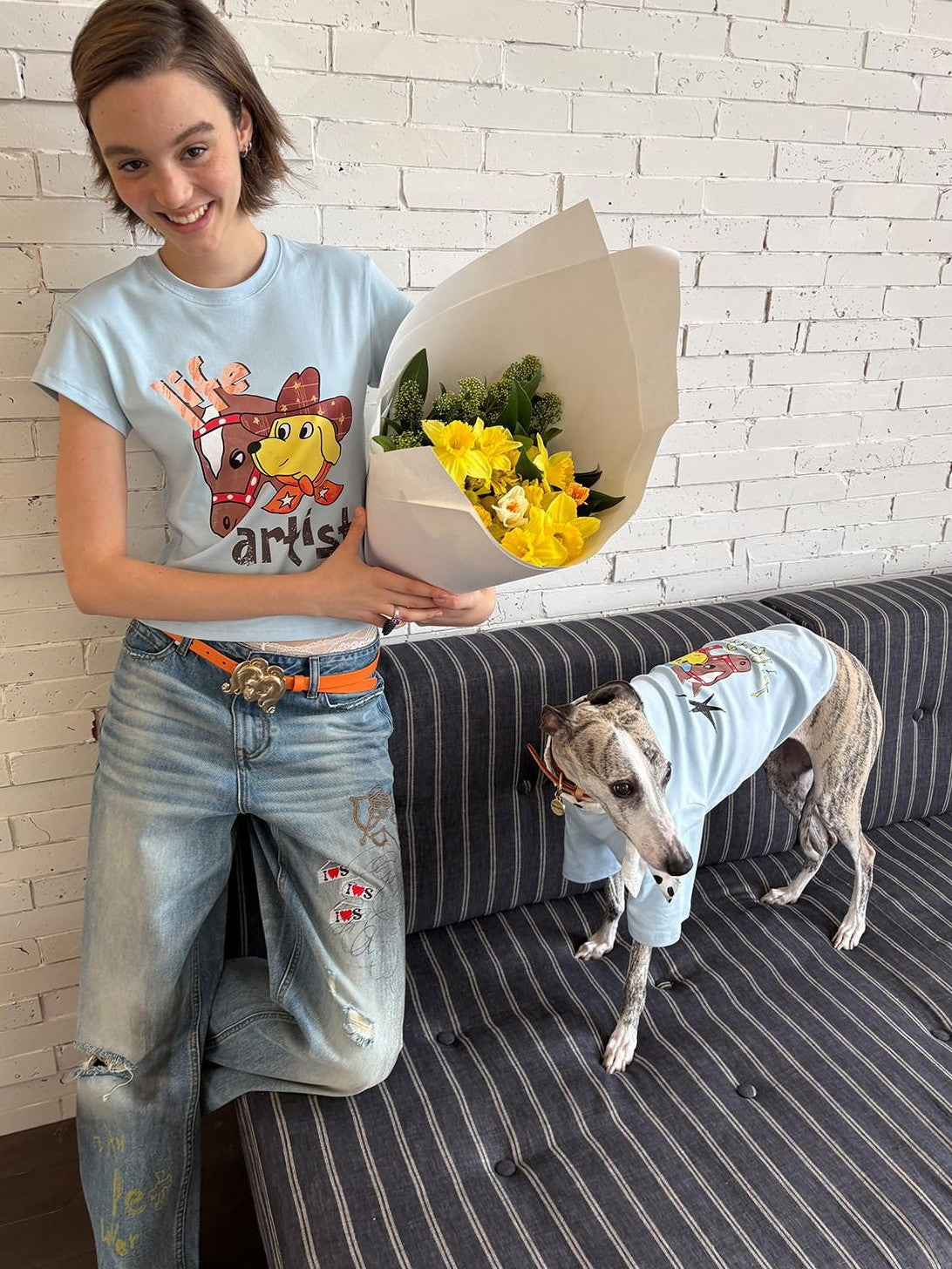sancco house Denim Puppy Illustration Print Crop Crew Neck Women&