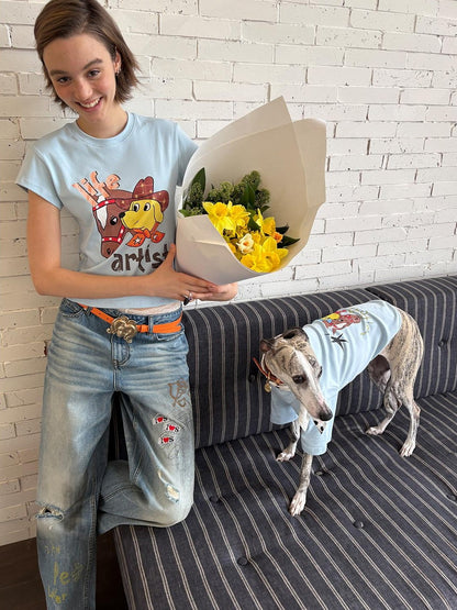 sancco house Denim Puppy Illustration Print Crop Crew Neck Women&