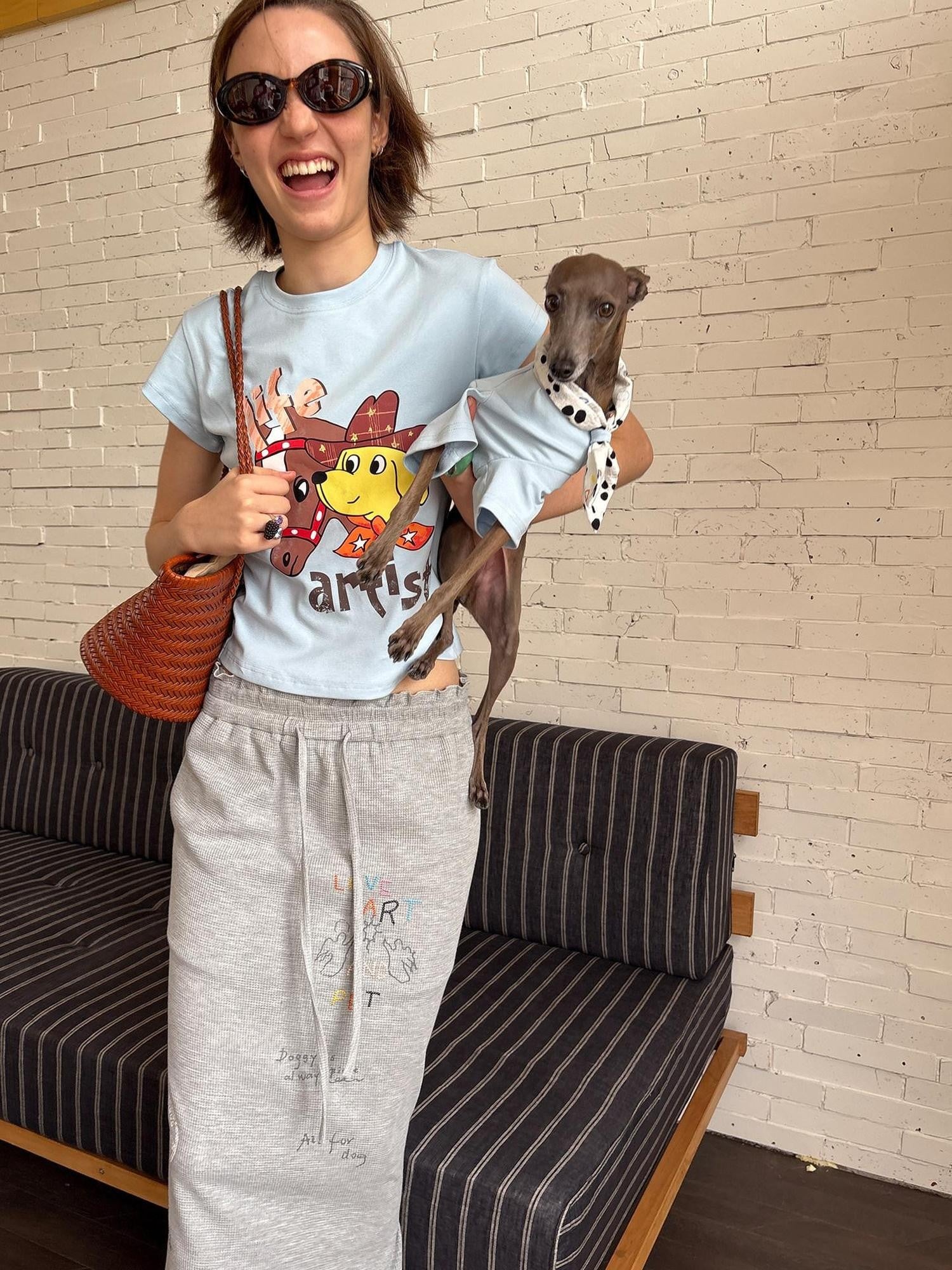 sancco house Denim Puppy Illustration Print Crop Crew Neck Women&