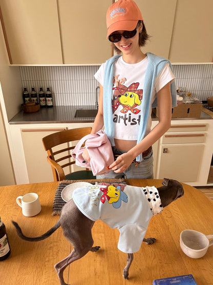 sancco house Denim Puppy Illustration Print Crop Crew Neck Women&