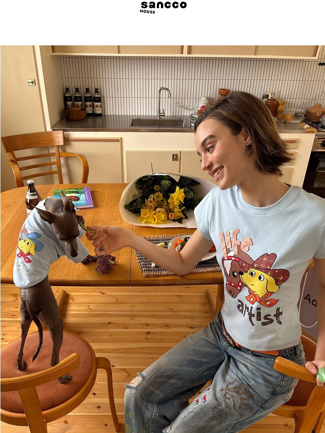 sancco house Denim Puppy Illustration Print Crop Crew Neck Women&