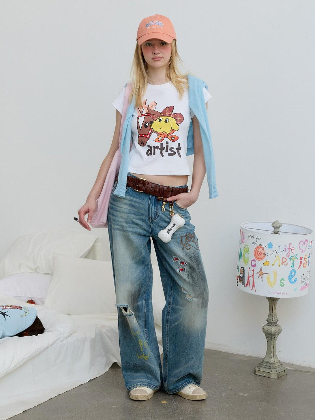 sancco house Denim Puppy Illustration Print Crop Crew Neck Women&