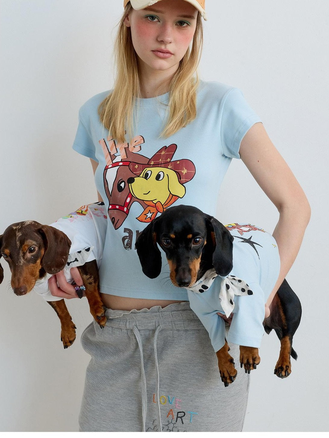 sancco house Denim Puppy Illustration Print Crop Crew Neck Women&