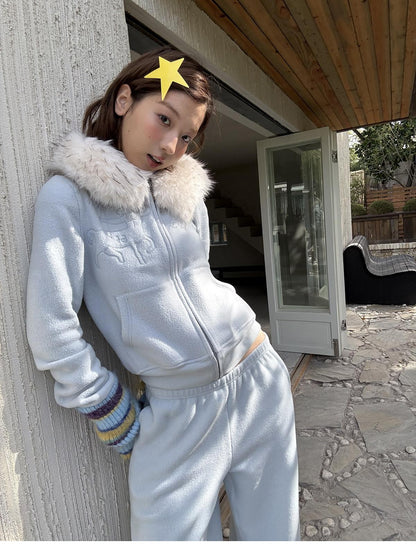 sancco house Detachable Fur Collar Hooded Reversible Fleece Women&
