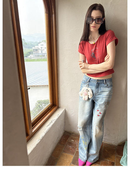 sancco house Dog Letter Print Round Neck Short Sleeve Women&