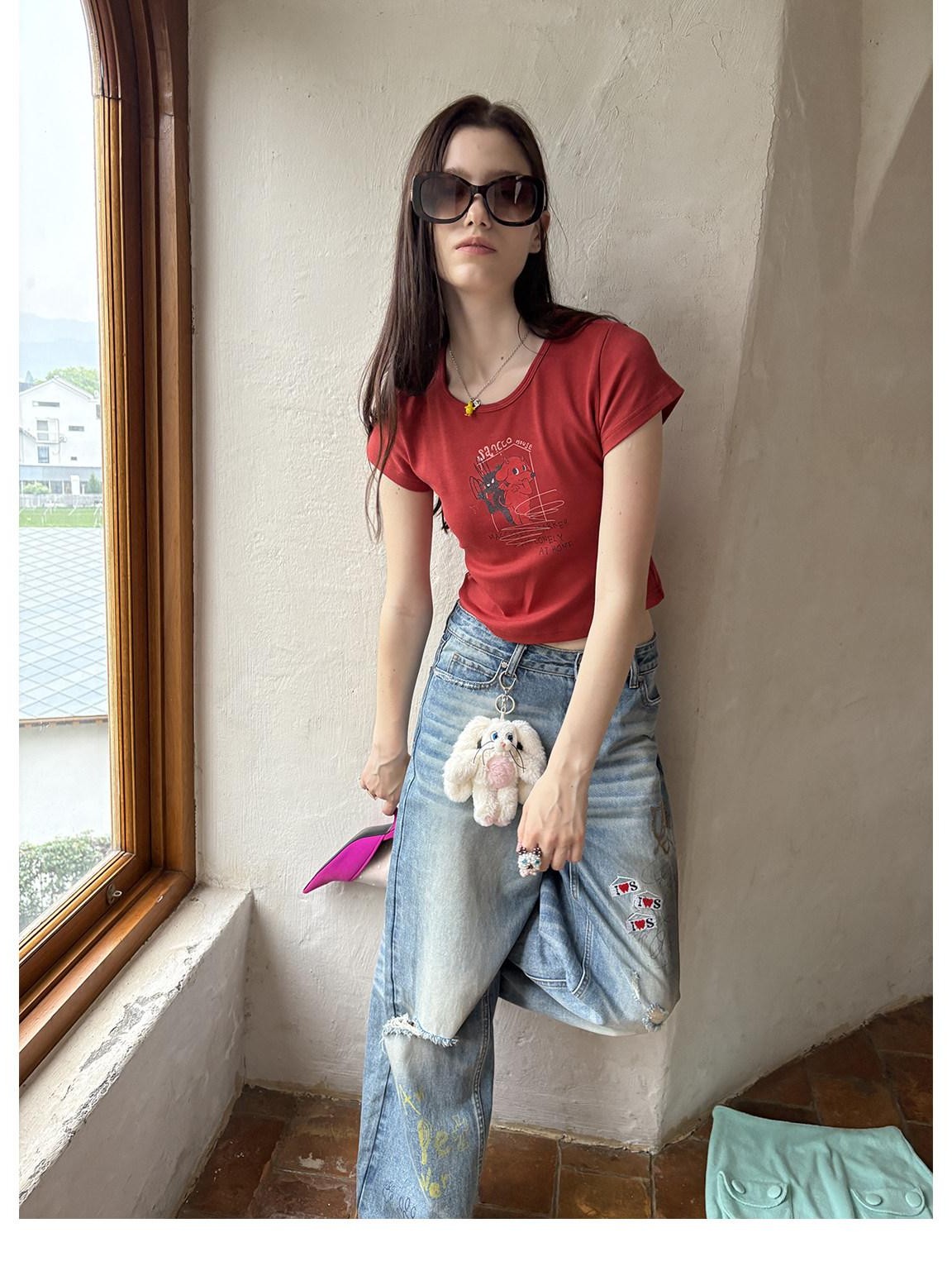 sancco house Dog Letter Print Round Neck Short Sleeve Women&