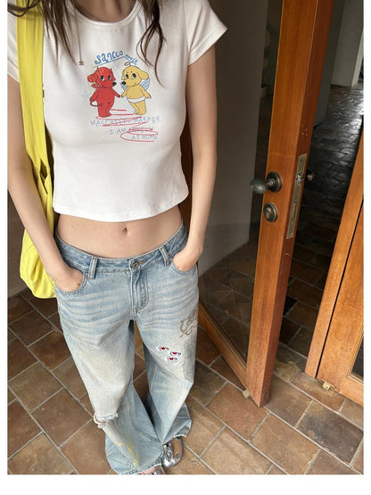 sancco house Dog Letter Print Round Neck Short Sleeve Women&