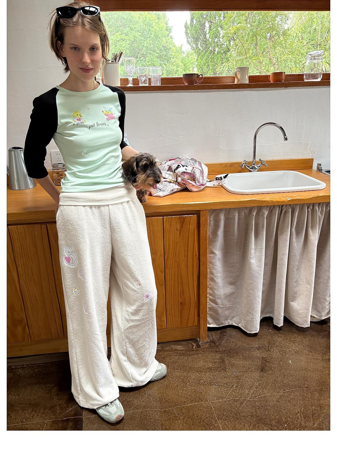 sancco house Dog Print Colorblock Raglan Three Quarter Sleeve Slim Fit Women&