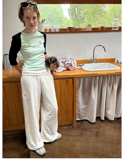 sancco house Dog Print Colorblock Raglan Three Quarter Sleeve Slim Fit Women&