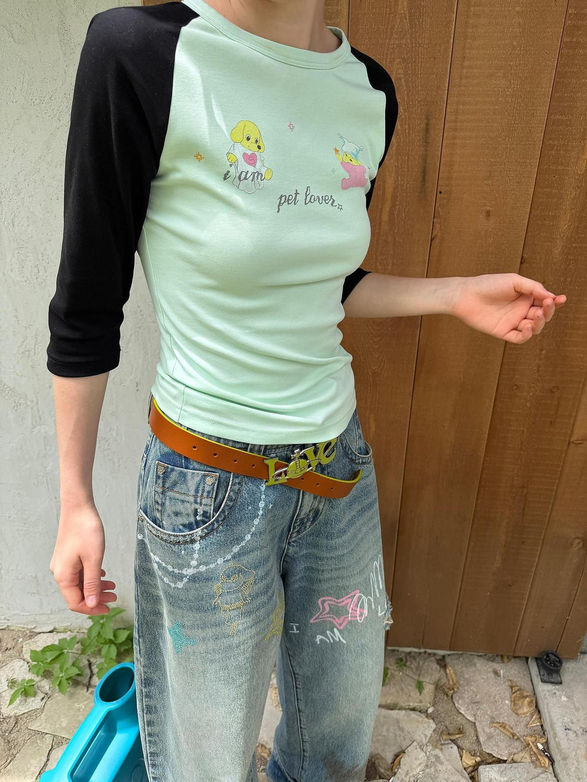 sancco house Dog Print Colorblock Raglan Three Quarter Sleeve Slim Fit Women&