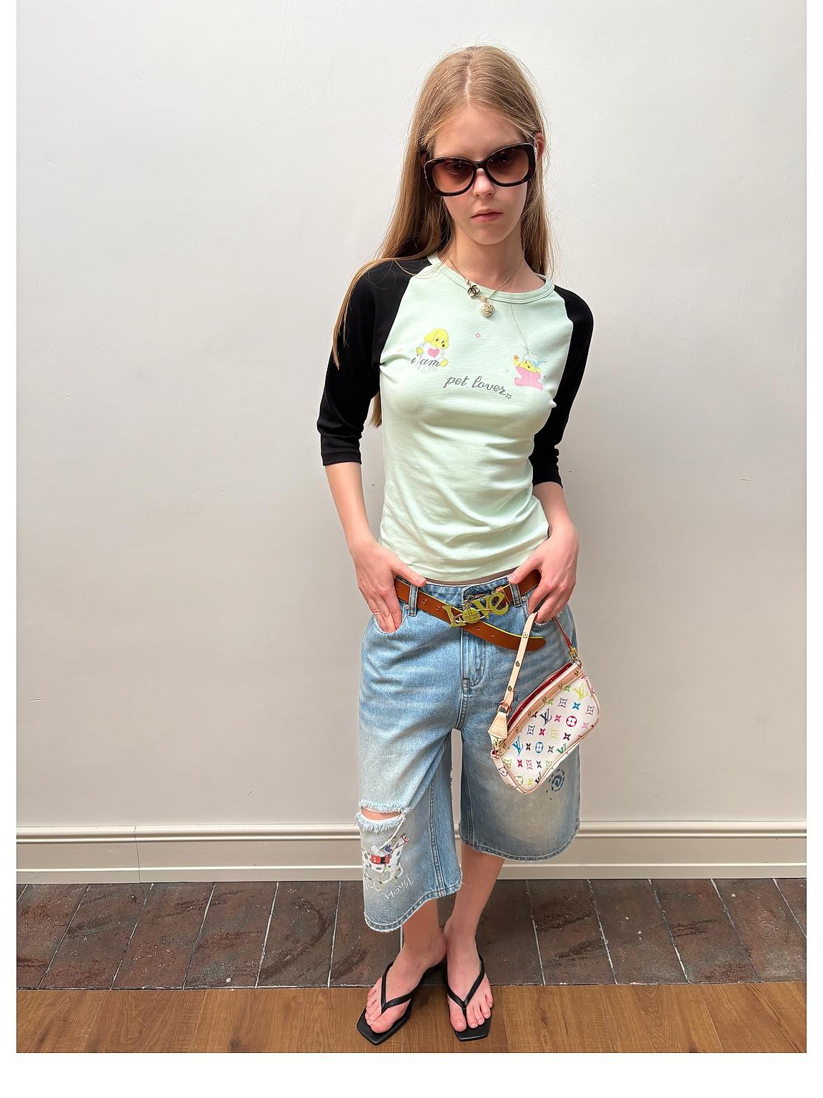 sancco house Dog Print Colorblock Raglan Three Quarter Sleeve Slim Fit Women&