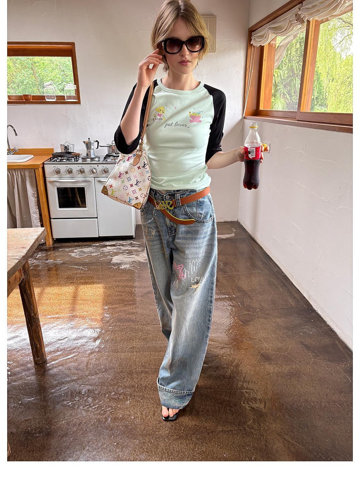 sancco house Dog Print Colorblock Raglan Three Quarter Sleeve Slim Fit Women&